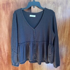Lucky Brand 🍀 Peplum Jersey Waffle-Knit Button-Down Babydoll Blouse | Women’s XL